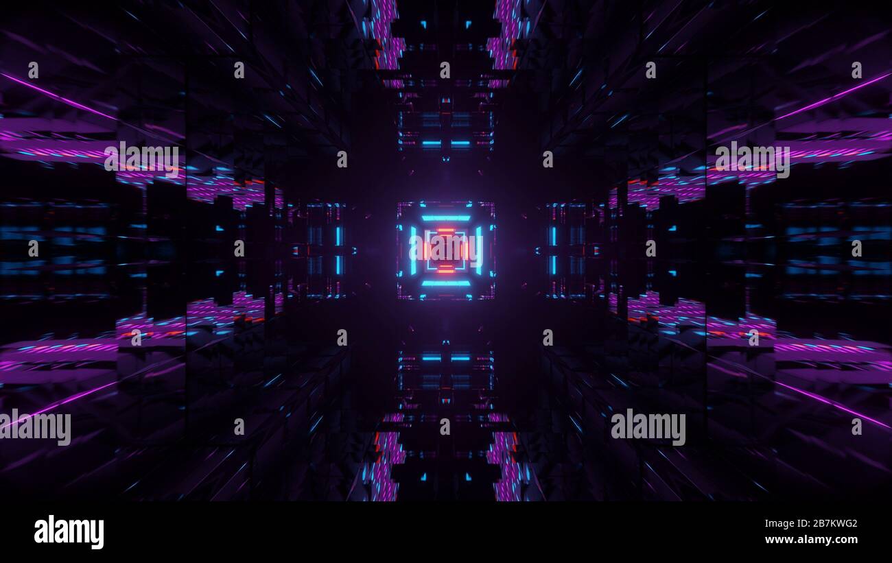 Lila und schwarz futuristisches abstraktes aztec-Design mit Quadraten und Neonlichter gut für Tapeten Stockfoto