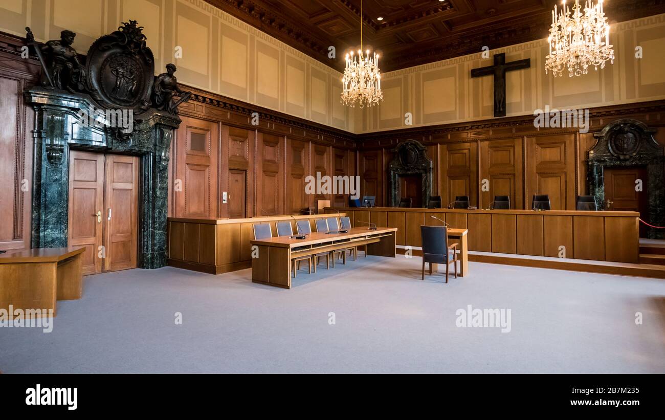 Nürnberg 2019. Gerichtssaal 600 im Memorium Nürnberg Prozesse. Nach dem Prozess wurde der Raum in ein Museum umgewandelt. August 2019 in Nürnberg Stockfoto