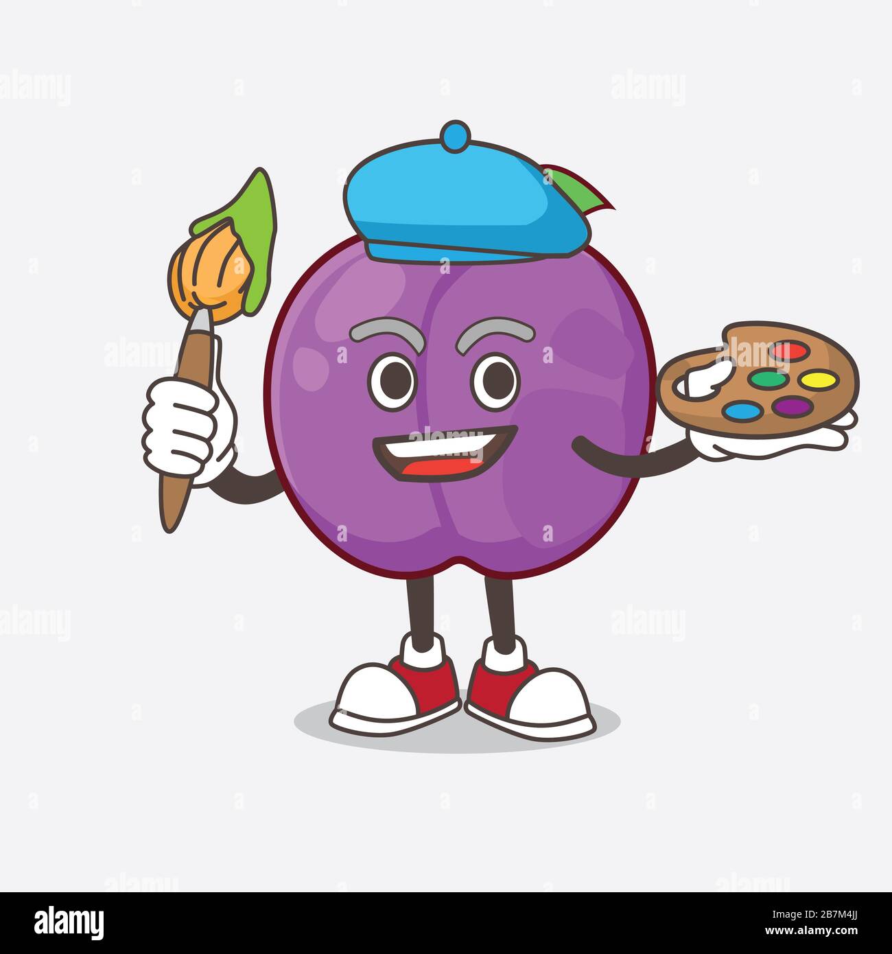 Ein Bild des Plum Fruit Cartoon Maskottchen Figurenmalers mit Kunstbürste Stockfoto