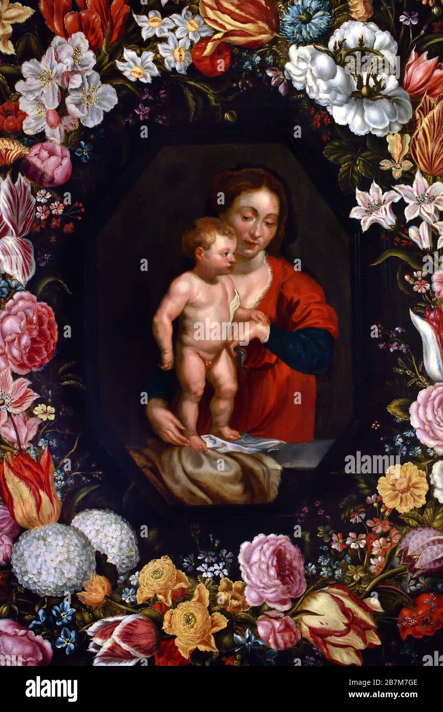 Madonna und Kind umgeben von einem Blumengarten, von Jan Brueghel dem älteren 1568-1625 und Peter Paul Rubens 1577-1640 flämischen Malern 16.-17. Jahrhundert, Belgier, Belgien. Stockfoto