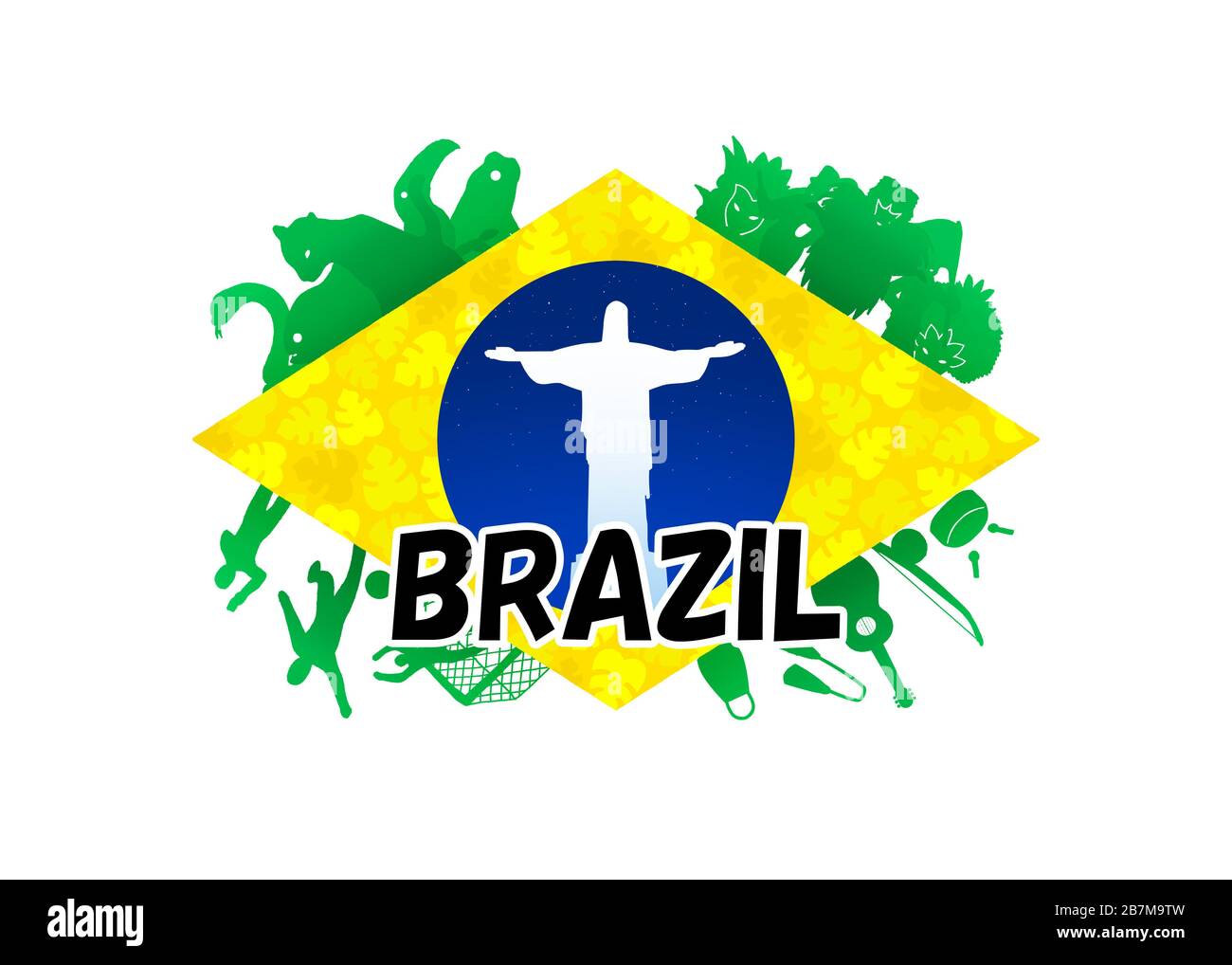 Das Logo wurde von der Flagge Brasiliens adaptiert und zeigt vier  Hauptvertreter Brasiliens, Fußball, Amazon, Karnevalsfestival und  brasilianische Instrumentals Stockfotografie - Alamy
