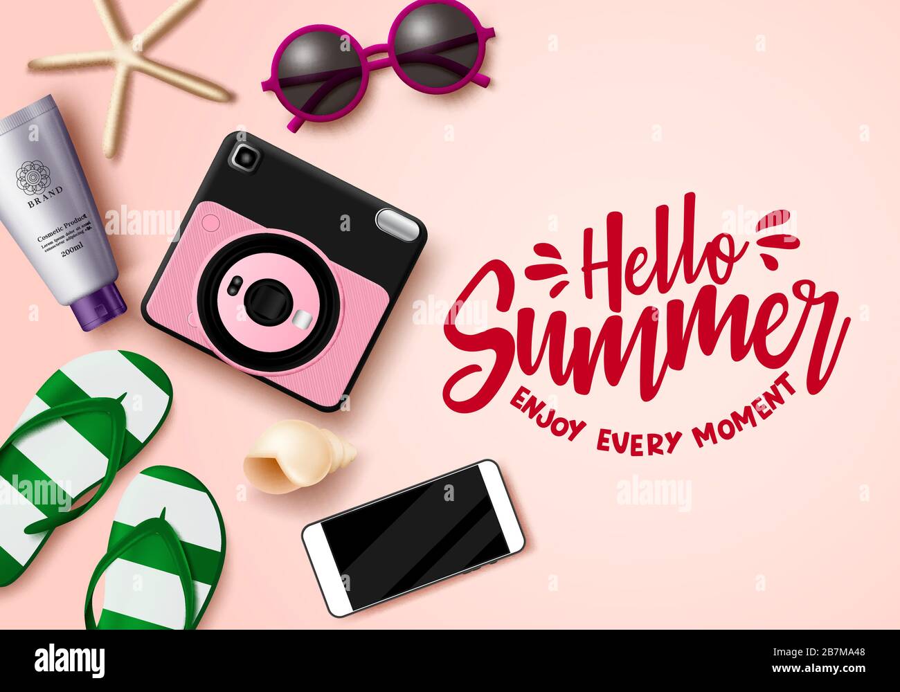 Hello Summer Vector Banner Vorlage. Hallo Sommer genießen Sie jeden Moment Text mit Platz- und Reise-Elementen wie Kamera, Handy, Flip-Flop. Stock Vektor