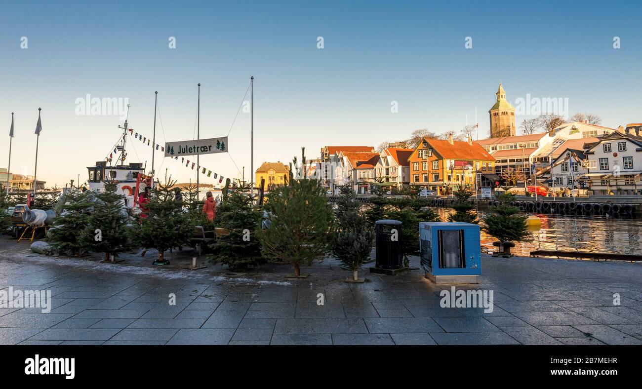 Weihnachtsbaumverkauf auf einem kleinen saisonalen Markt im Hafen der Innenstadt von Stavanger, Norwegen, Dezember 2017 Stockfoto