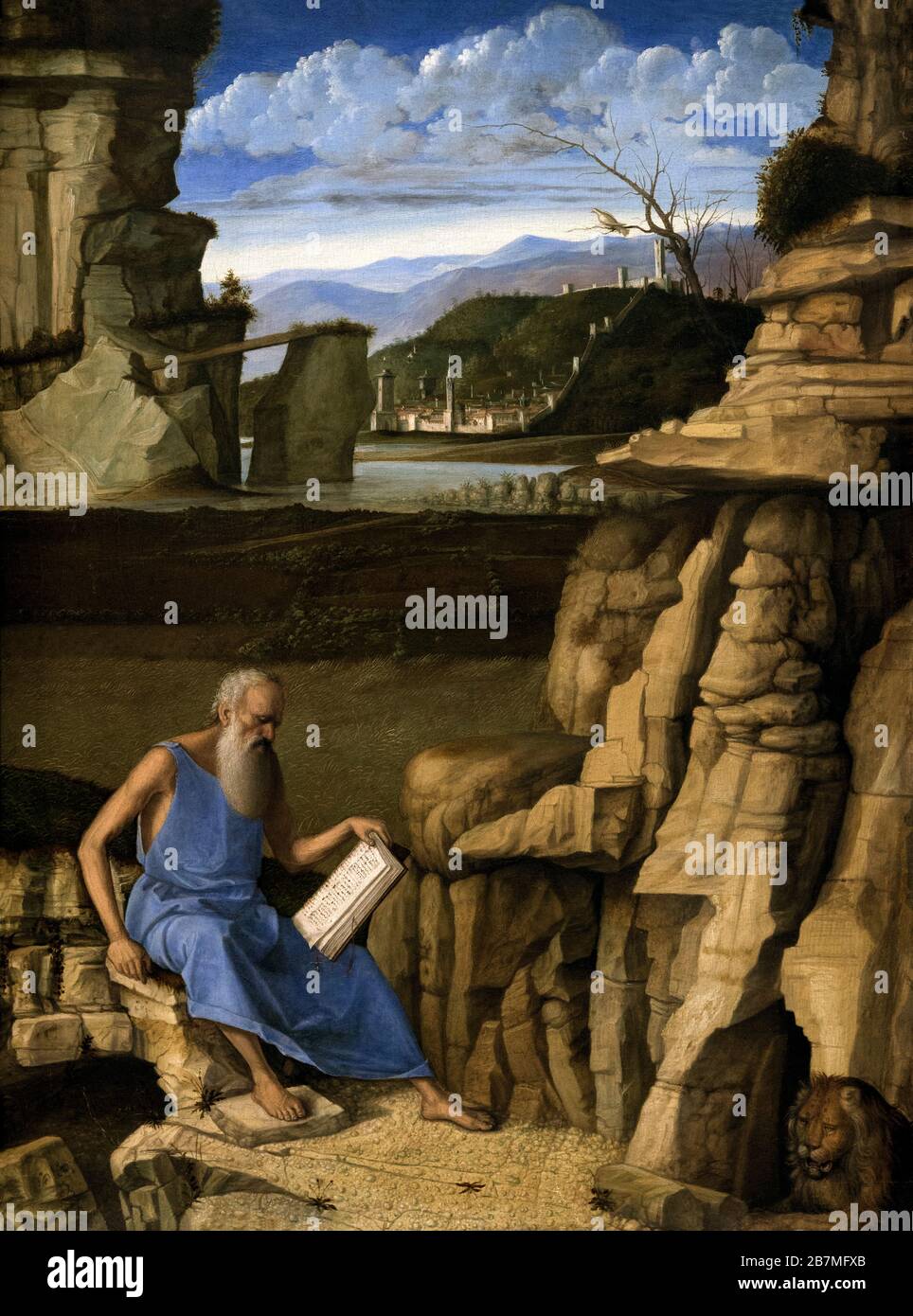 Der heilige Jerome, der in einer Landschaft liest, Giovanni Bellini, ca. 1480, Stockfoto