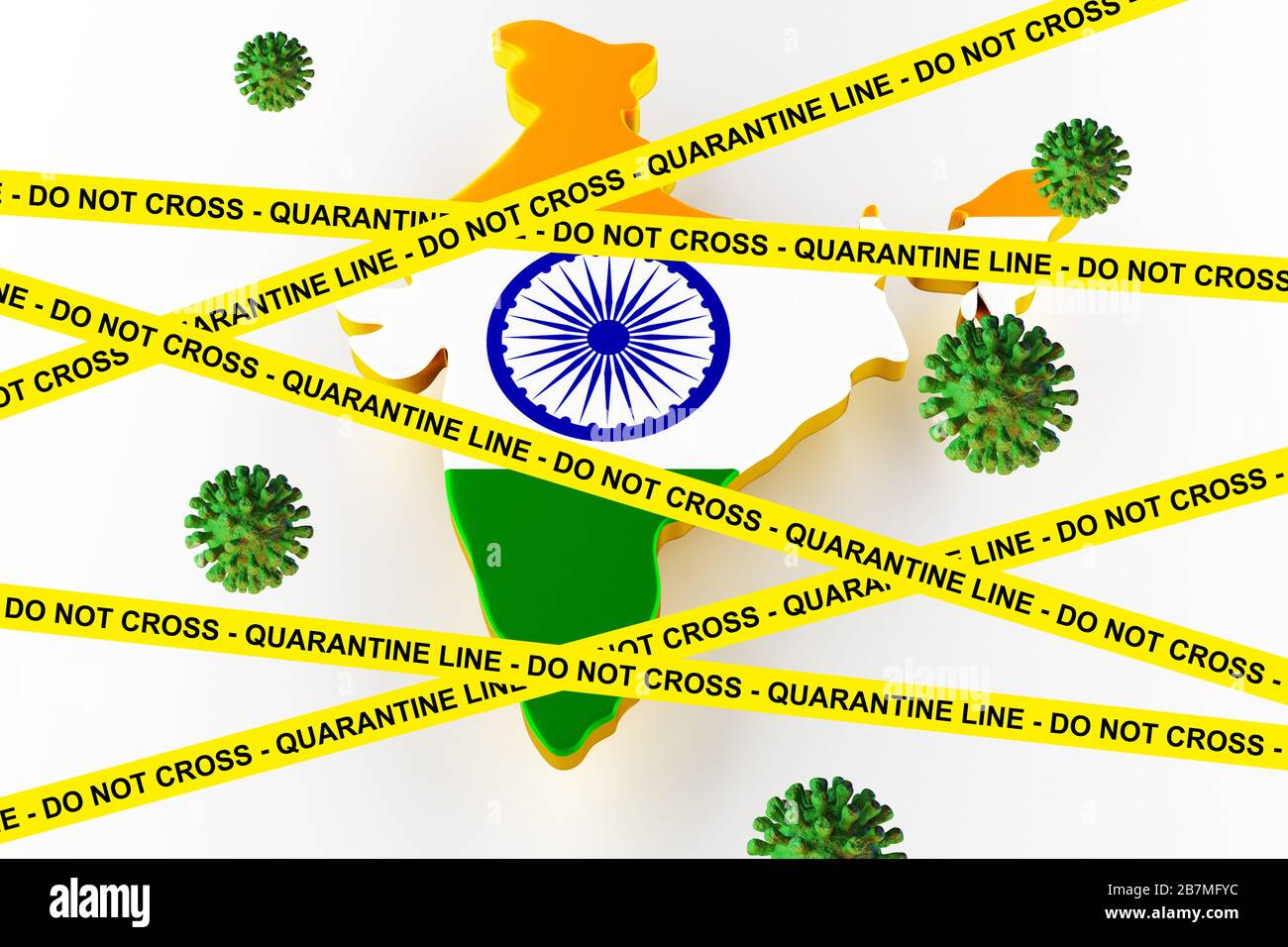 3D-ILLUSTRATIONSVIRUS, BIOHAZARD-SYMBOL CORONAVIRUS MIT INDIEN-FLAGGE, Grippe-Coronavirus schwimmend, Mikroansicht, Pandemie-Virusinfektion, asien-grippe. Stockfoto