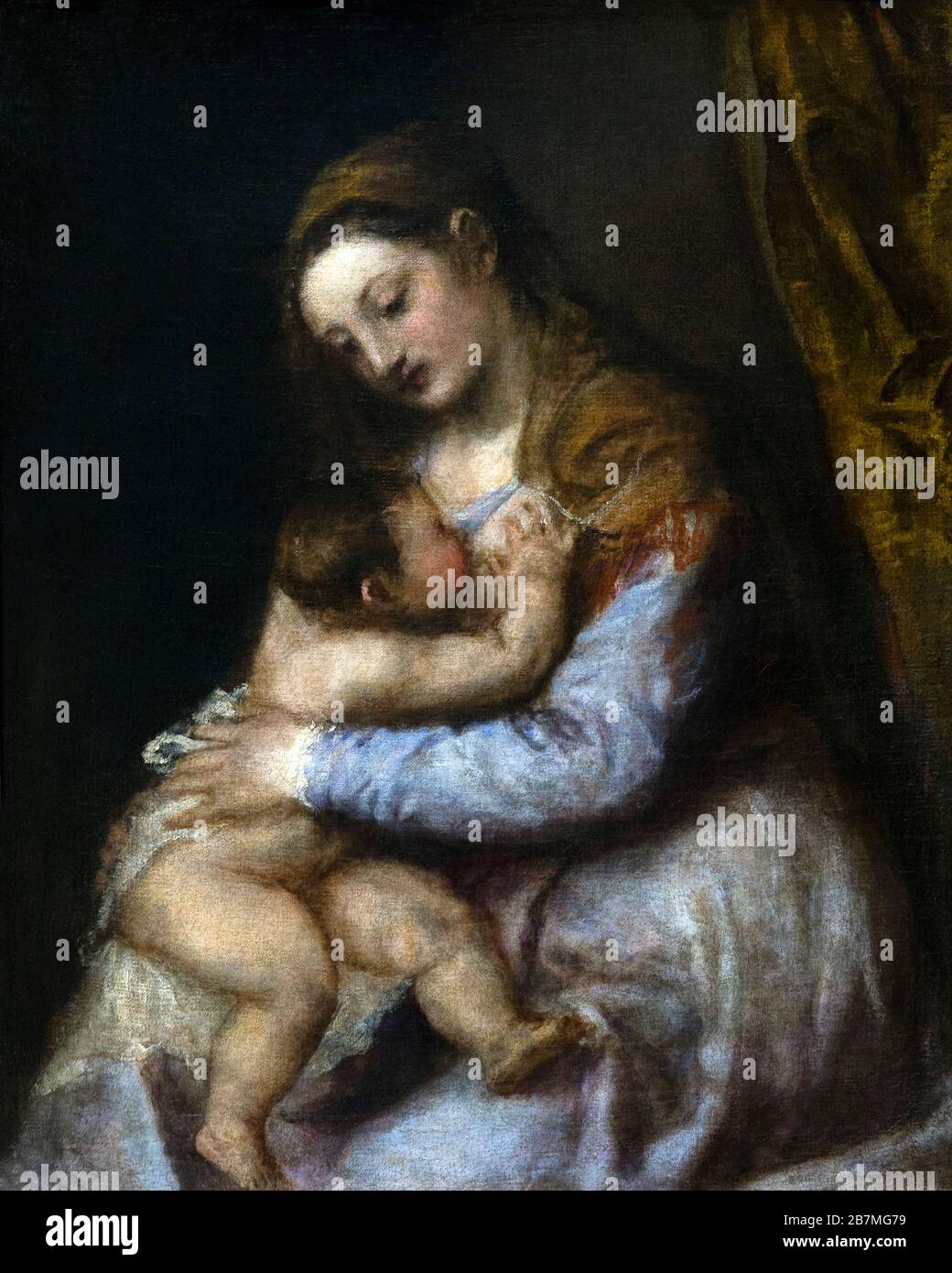 Jungfrau, die den Christus der Säuglinge, Titian, etwa 1565-75, saugt Stockfoto