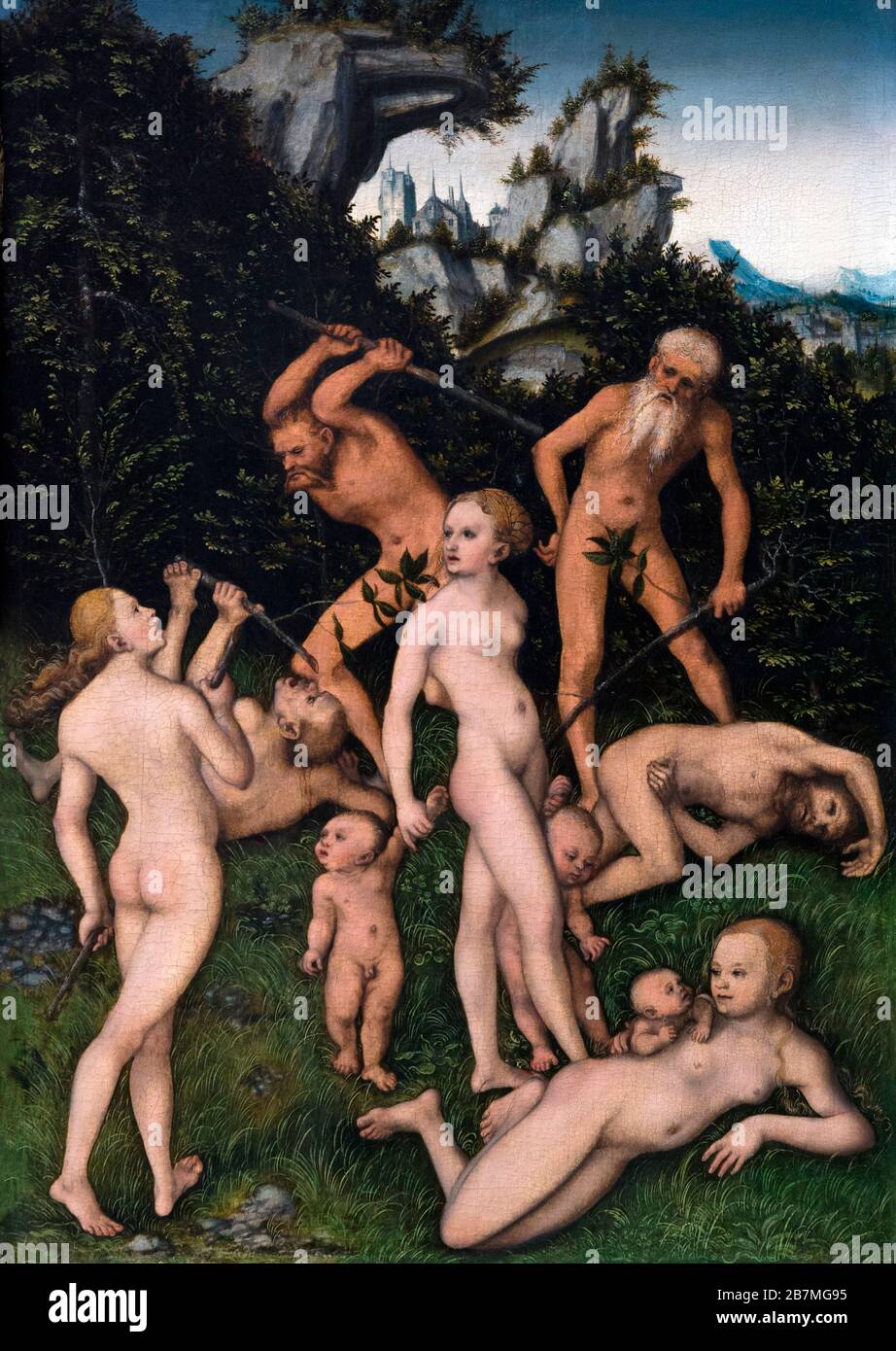 Primitive Menschen, die das Silberzeitalter schließen, die Früchte der Eifersucht, Lucas Cranach der ältere, um 1530, Stockfoto