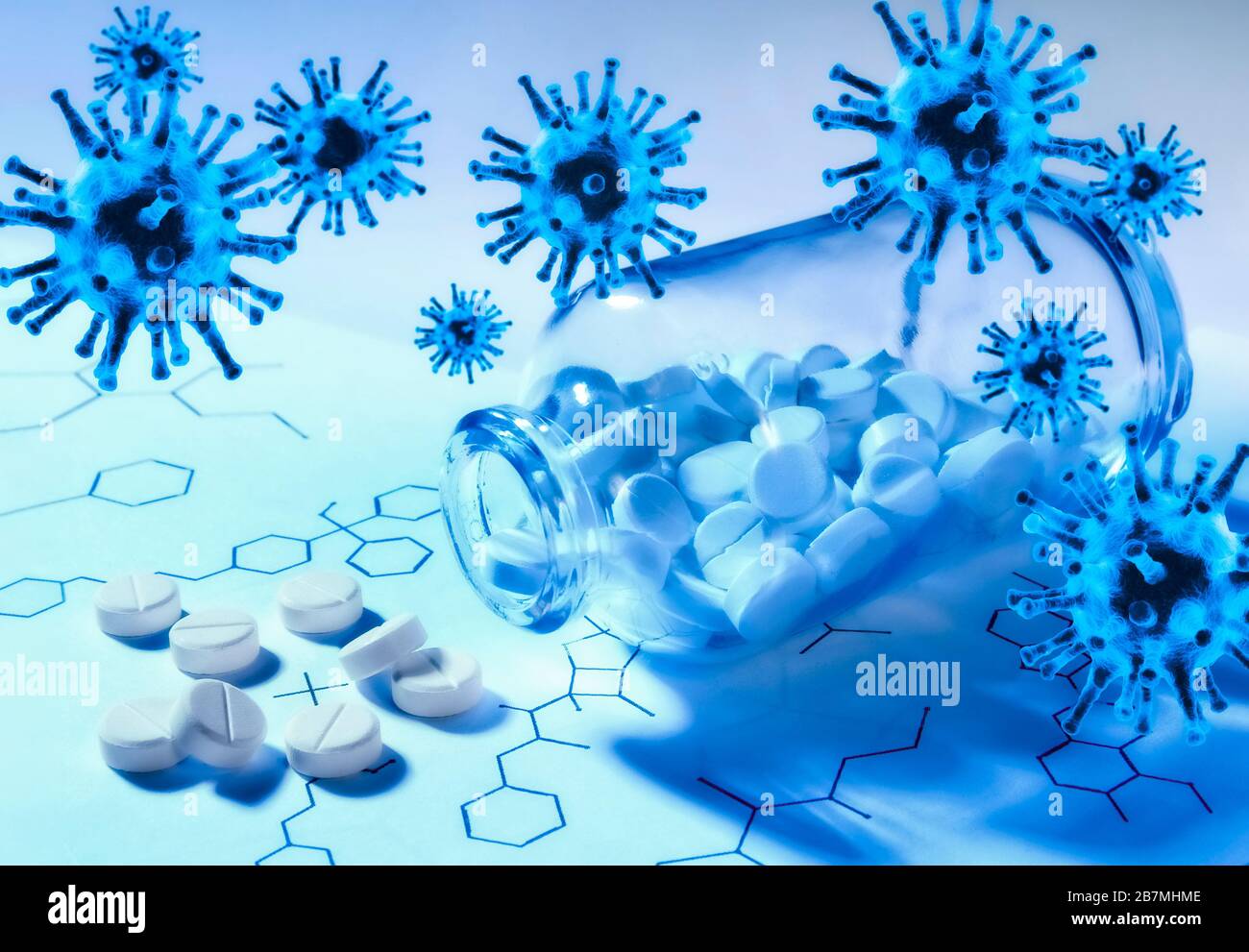 Tabletten mit Strukturformeln und Viren Stockfoto