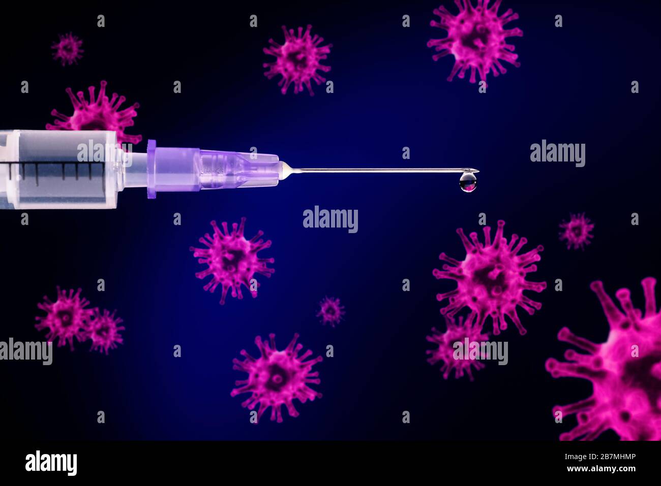 Coronavirus mit Spritze und Kanüle Stockfoto