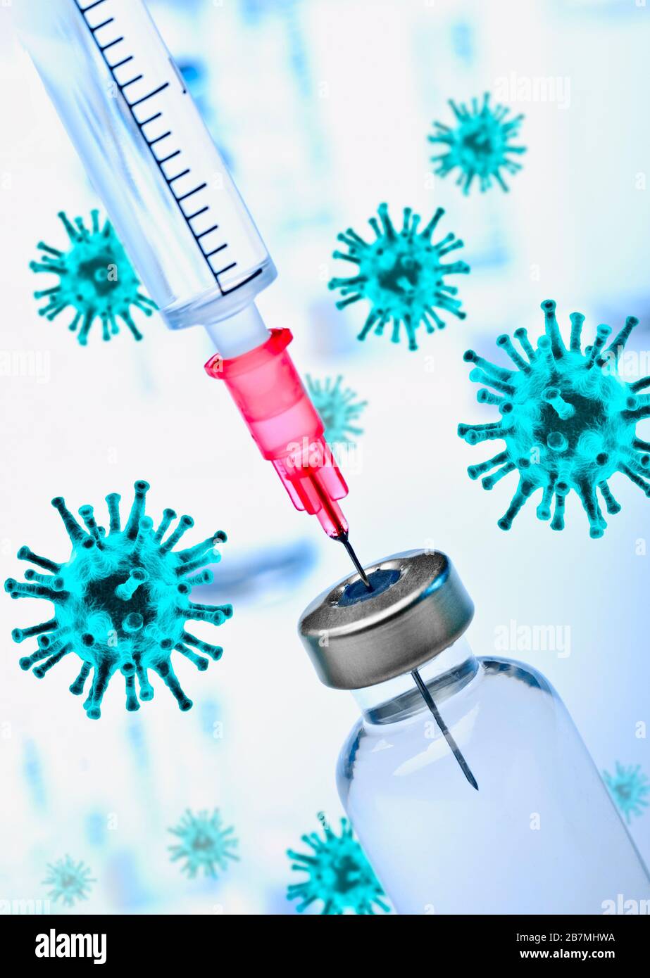 Viren mit Spritze, Kanüle und Flasche mit Impfstoff Stockfoto