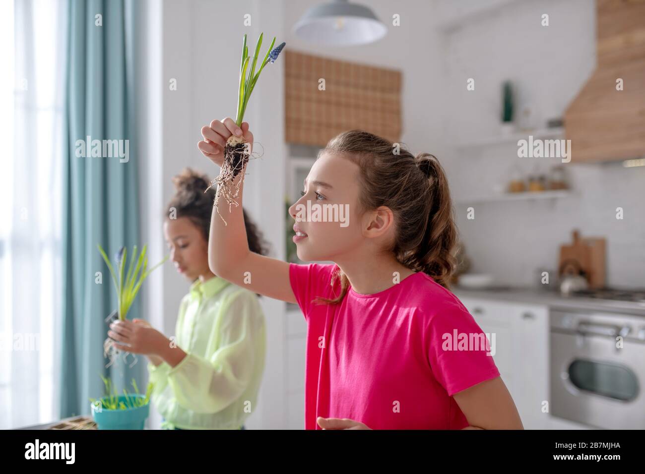 Mädchen in einer rosafarbenen Bluse mit erhobener Hand und Pflanzen. Stockfoto