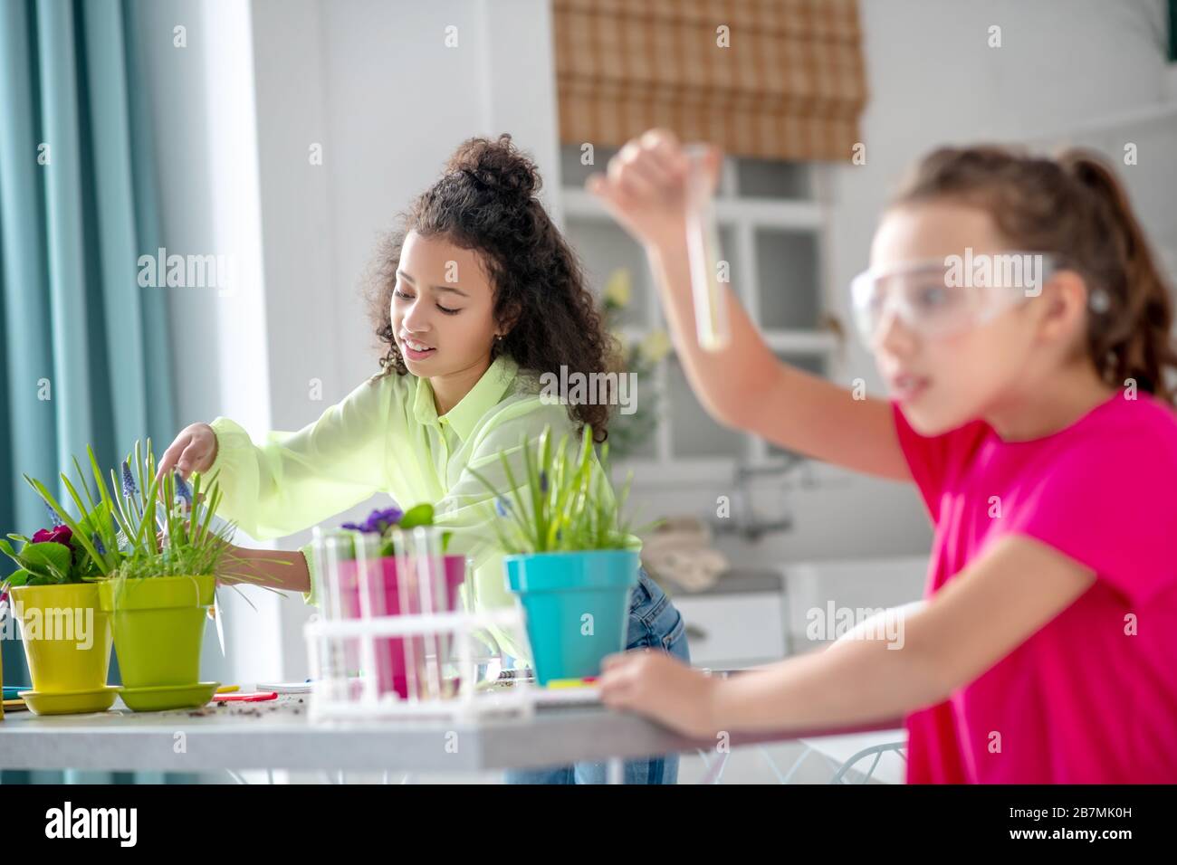 Mädchen in grünem Hemd in der Nähe von Blumentöpfen, Freundin mit Reagenzglas. Stockfoto