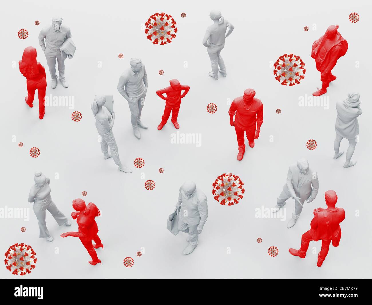 Blick von oben, Pandemiekonzept, Virusansteckung, individuelle Erkennung. 3D-Rendering Stockfoto Blick von oben, Pandemiekonzept, Virusansteckung, individuelle Erkennung. 3D-Rendering Stockfoto