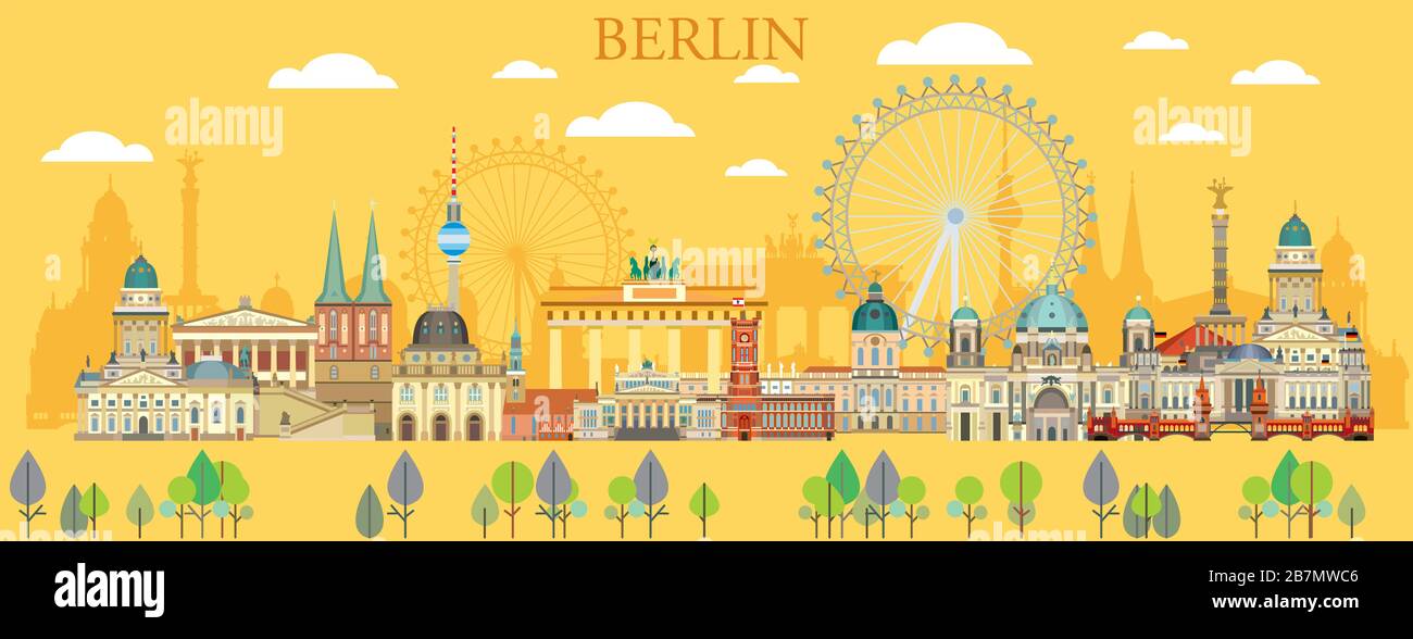 Farbenfrohe Berliner Panorama-Reiseillustration mit architektonischen Sehenswürdigkeiten im sommerlichen gelben Hintergrund. Frontansicht Berlin Reisekonzept. Horizonta Stock Vektor