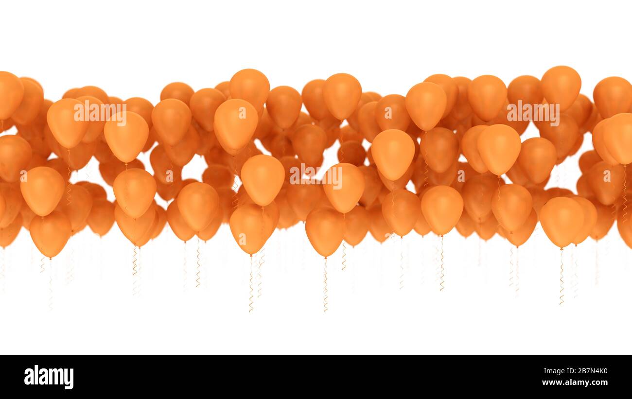 Orange Feier Ballons auf einer Reihe. Isoliert auf weißem Hintergrund Stockfoto