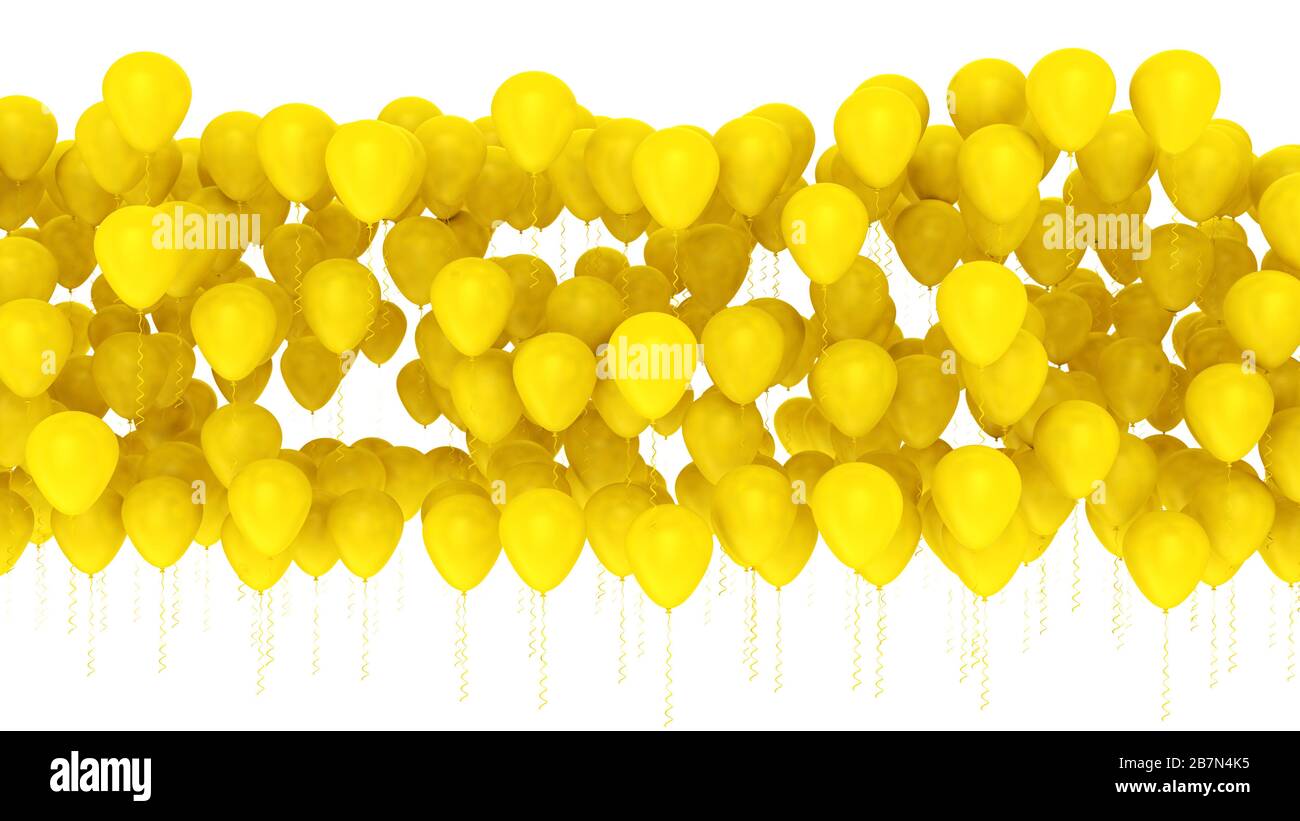 Reihe gelber Ballons isoliert auf weißem Hintergrund. Feier Osterhintergrund. 3D-Abbildung Stockfoto