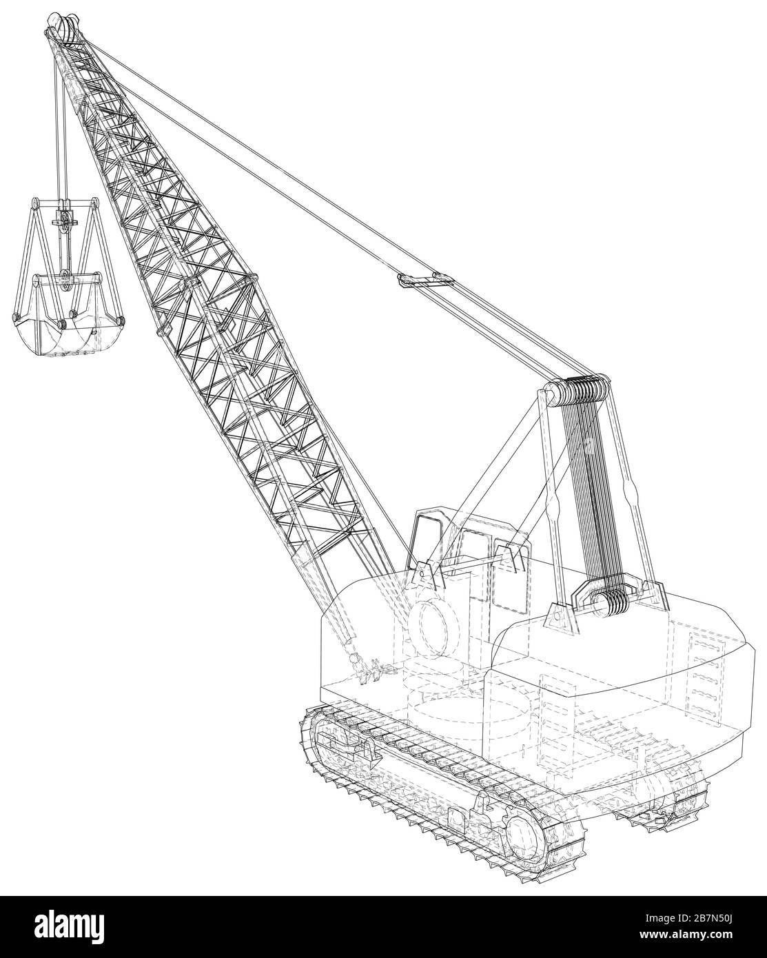 Bergbaumaschine. Die Maschine der Steinbruchbergbauarbeiten. Die Ebenen der sichtbaren und unsichtbaren Linien werden getrennt. Umriss des Drahtrahmens. Stock Vektor