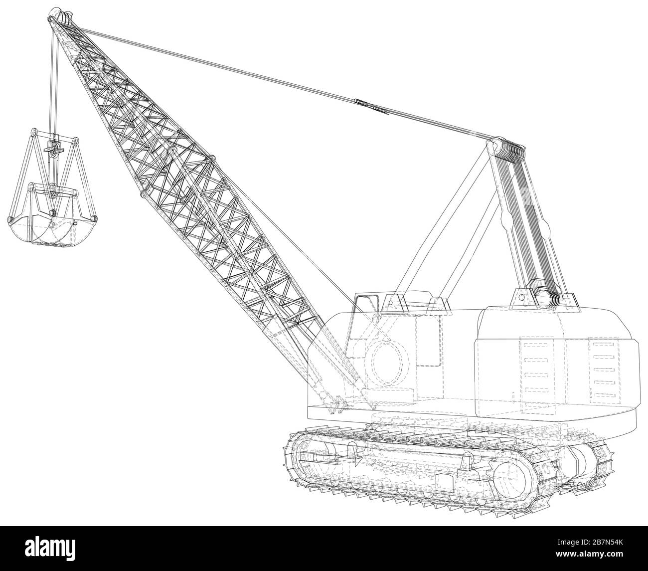 Wanderdragline, Mobile Baggermaschine für den offenen Bergbau. Die Ebenen der sichtbaren und unsichtbaren Linien werden getrennt. Drahtrahmen. Stock Vektor