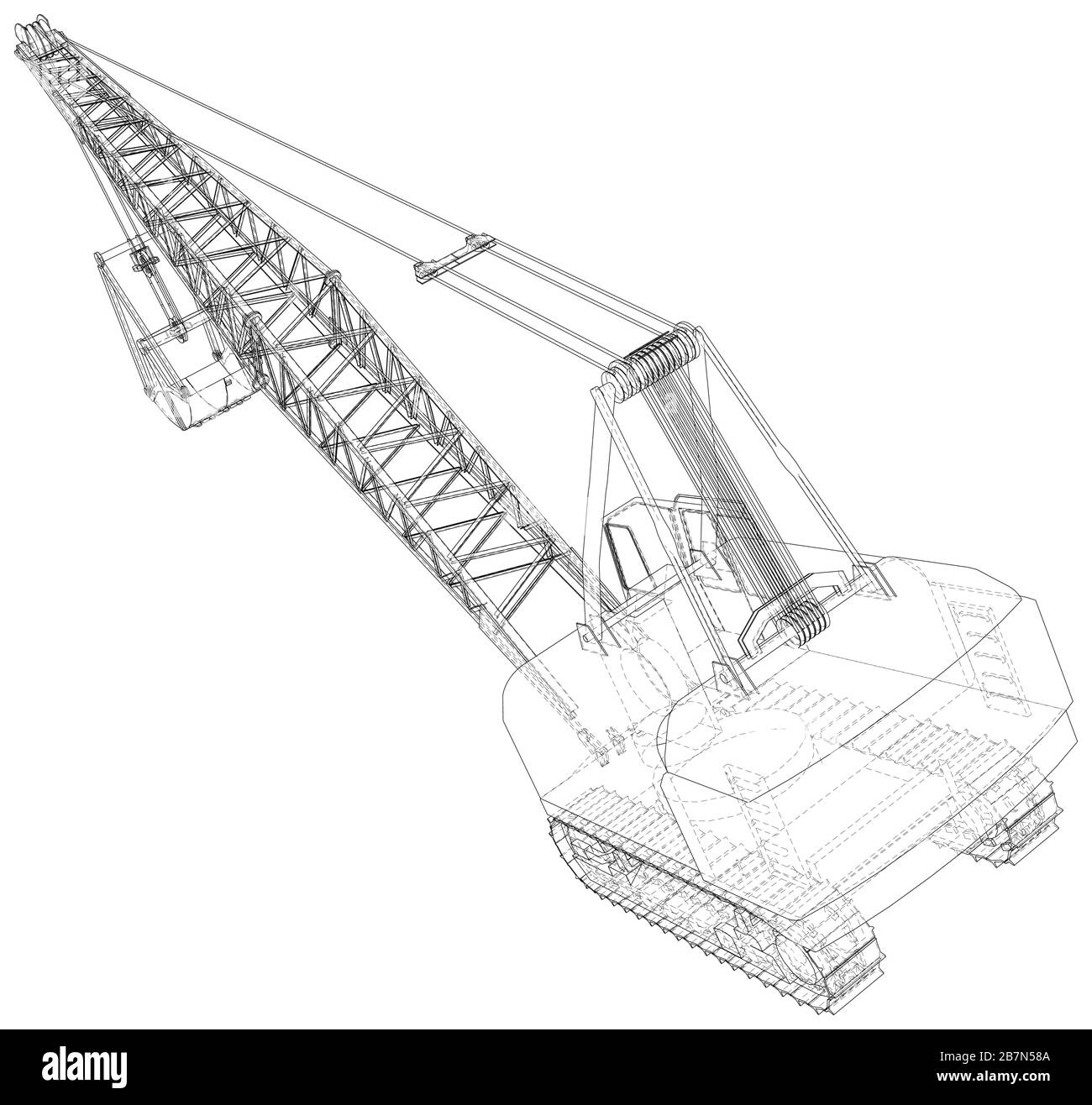 Dragline-Walkbagger mit einer Pfanne. Vektorgrafiken. Vektordarstellung von 3d. Drahtmodell. Stock Vektor