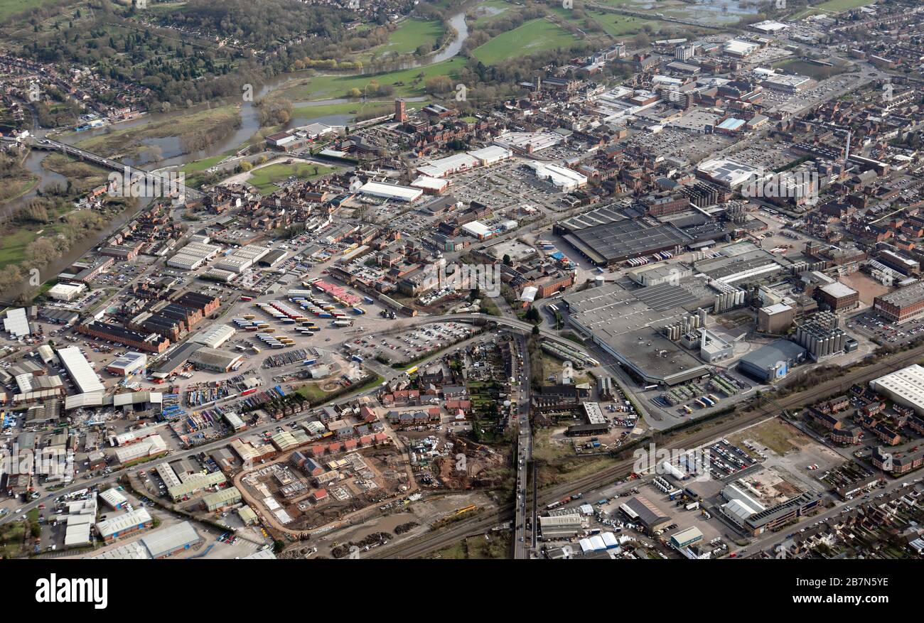 Luftaufnahme der Brauereistadt Burton on Trent, Staffordshire Stockfoto