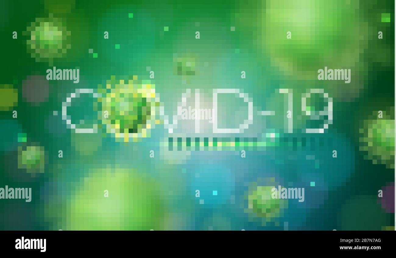 Covid-19. Coronavirus Outbreak Design mit Viruszelle in mikroskopischer Ansicht auf grünem Hintergrund. Vorlage für Vektorgrafiken zur gefährlichen SARS-Epidemie Stock Vektor