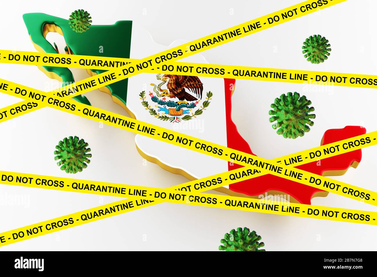 Die neue Coronavirus-Krankheit mit dem Namen 2019-nCoV mit der mexikanischen Flagge vor weißem Hintergrund. 3D-Rendering Stockfoto