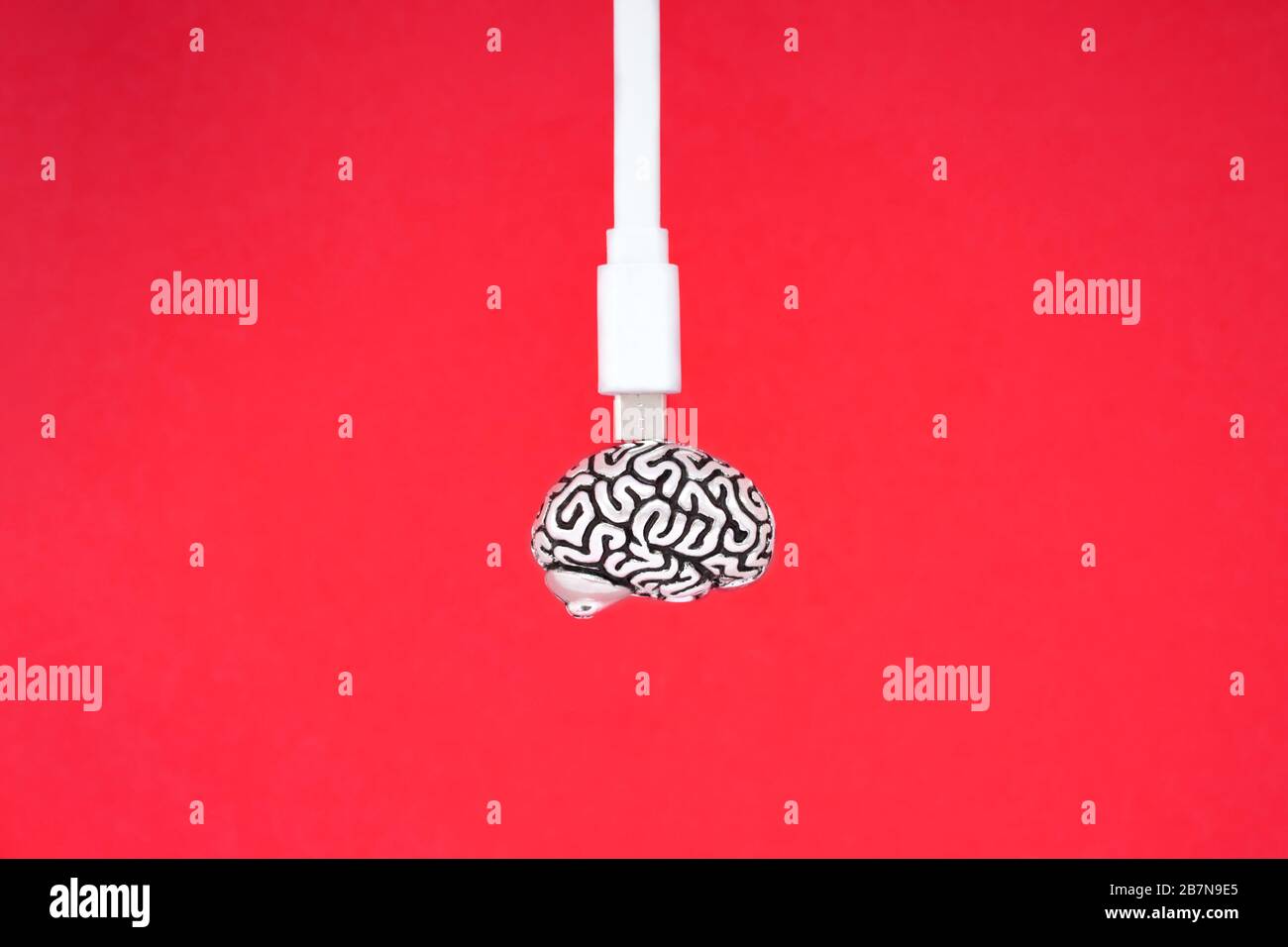 Ein weißes Micro-usb-Kabel, das an ein kleines Metallmodell eines menschlichen Gehirns angeschlossen ist, das auf einem roten Hintergrund isoliert ist. Profilaufnahme. Stockfoto