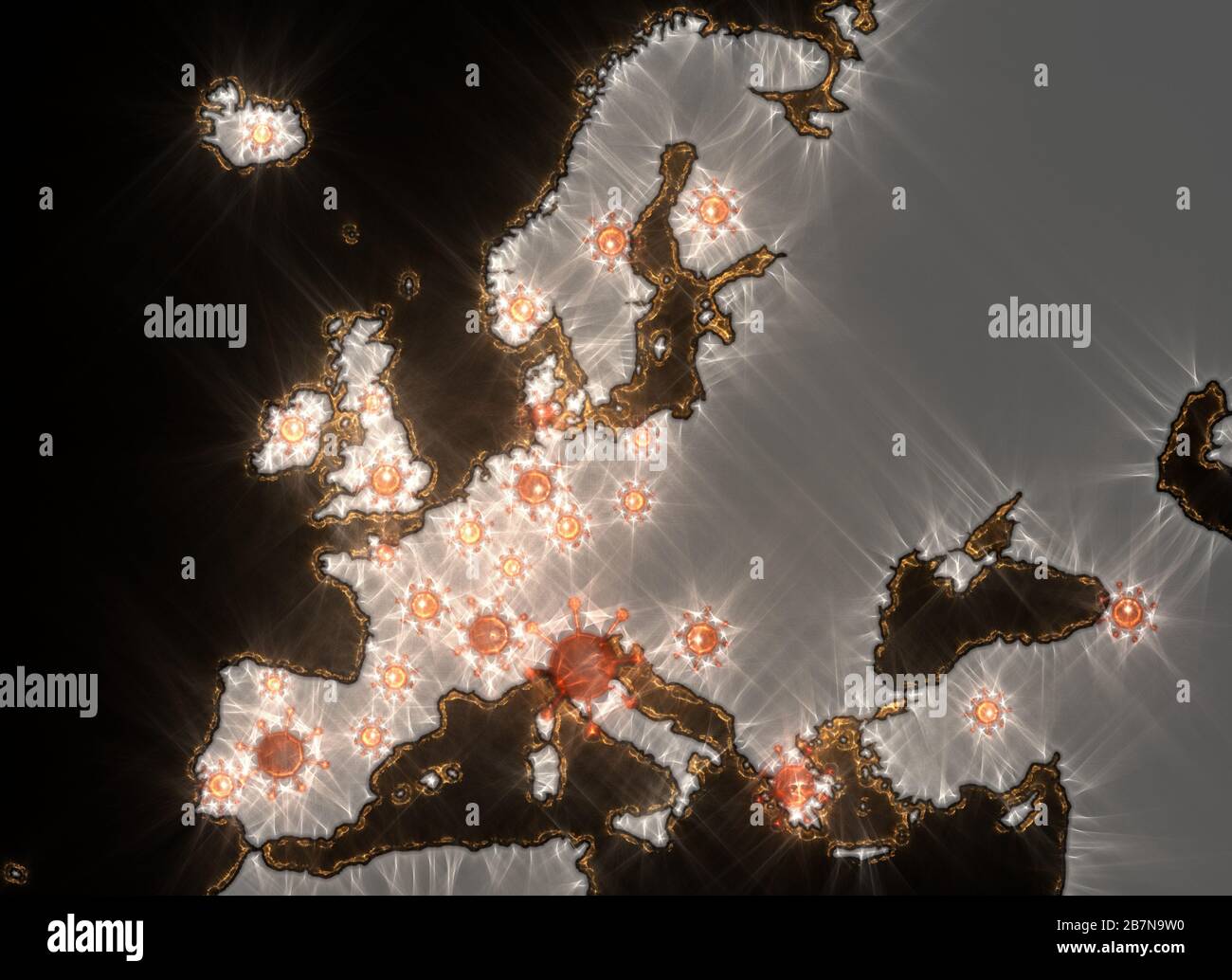 Europakarte mit dem Ausbruch des Corona-Virus Covid-19 in Sketch- und kirlian-aura-Stilen Stockfoto