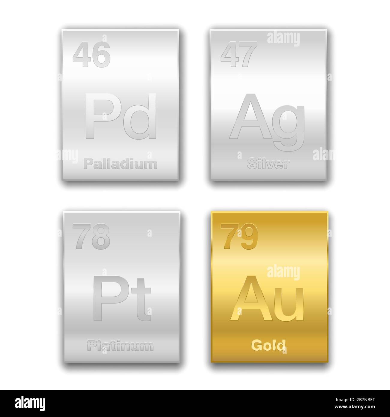 Gold, Silber, Platin, Palladium im Periodensystem. Edelmetalle, chemische Elemente mit hohem wirtschaftlichen Wert. Symbole und Ordnungszahlen. Stockfoto