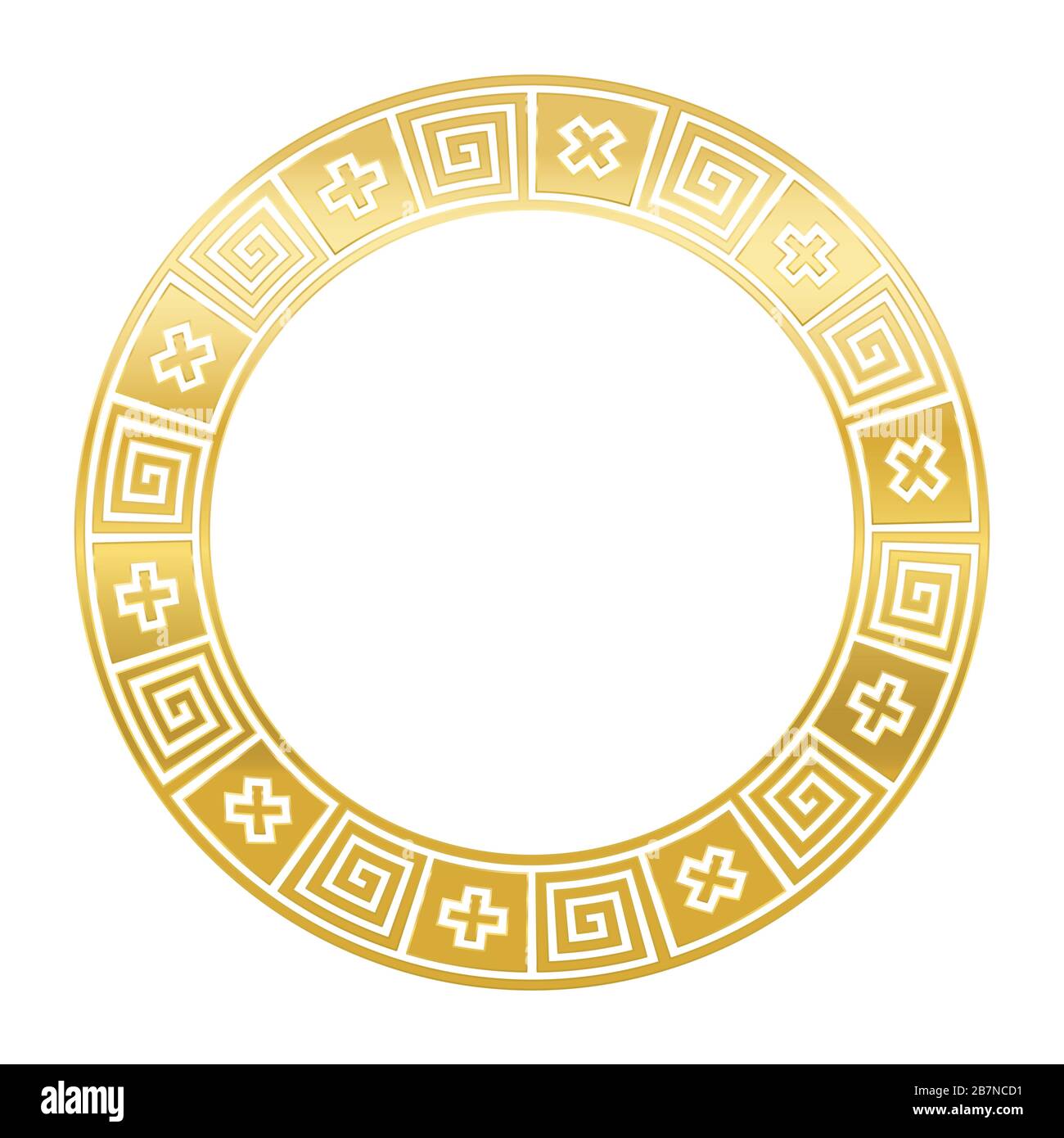 Klassischer goldener griechischer Mäander, Kreisrahmen, aus nahtlosem Mäandermuster. Dekorative Grenze mit Mäandern und Kreuzen in schwarzen Quadraten. Stockfoto