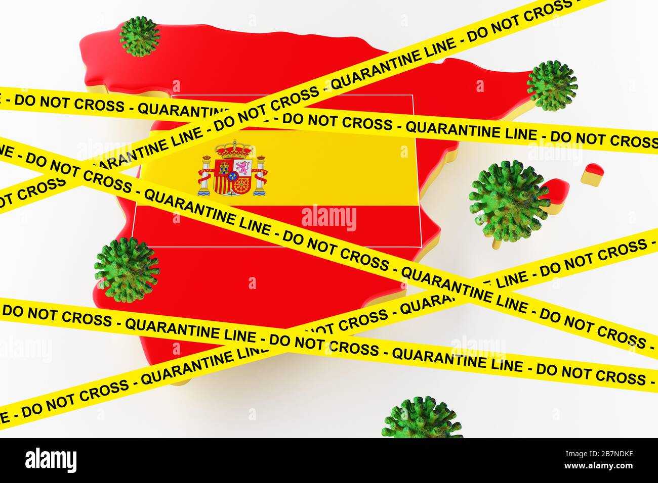 Coronavirus in Spanien. Isometrische Karte Spaniens mit Regionen Land. Hologramm-2019 3D-Moleküle von Coronavirus-Bakterien COVID-2019. Ausbruch des Coronavirus. 3D-Rendering Stockfoto