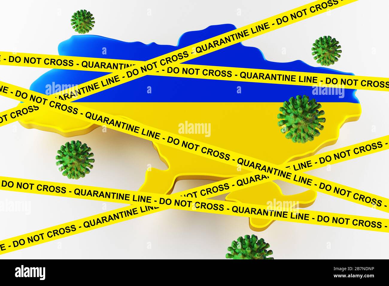 VIRUS MIT ukrainische FLAGGE, CORONAVIRUS, schwimmendes Grippe-Coronavirus, Mikroansicht, Virusinfektion bei Pandemie, asiatische Grippe. 3D-Rendering Stockfoto
