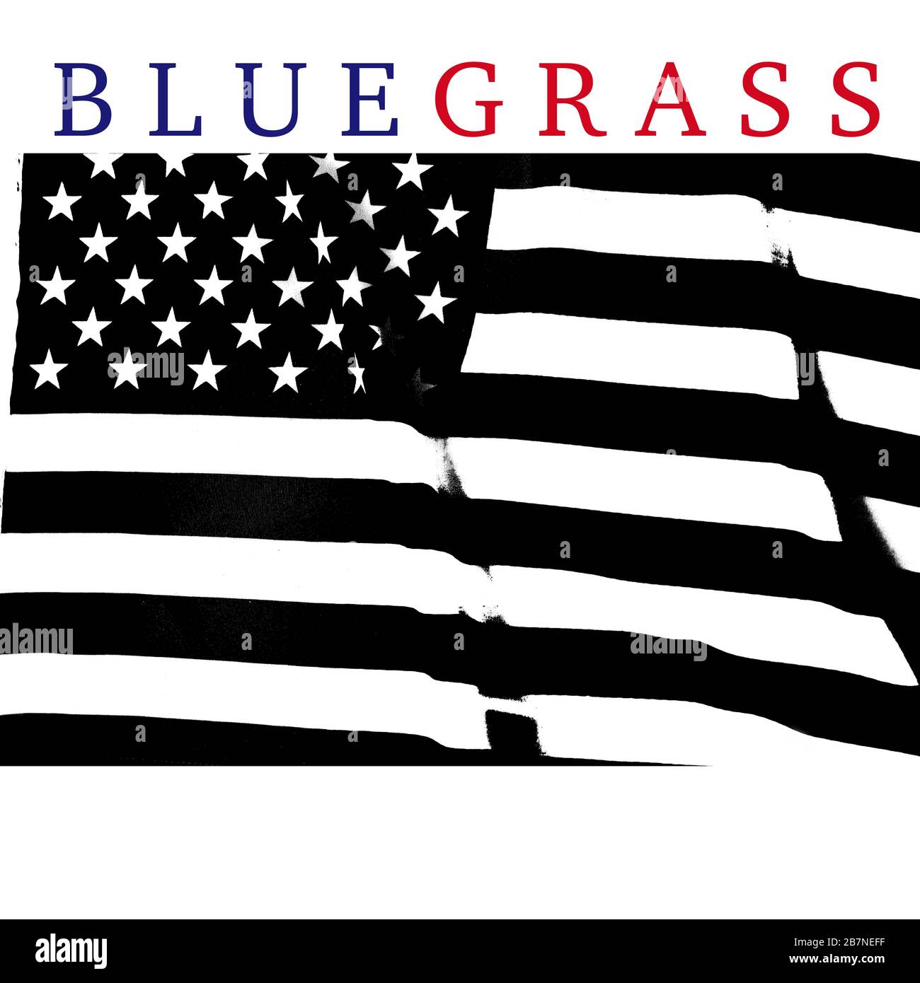 Schwarz-weiße amerikanische Flagge mit dem Wort Bluegrass in blau-roten Buchstaben Stockfoto