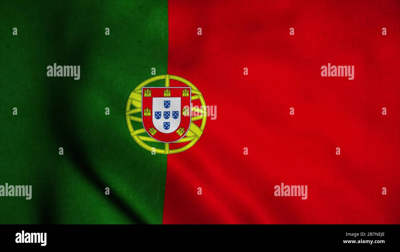 Die Flagge Portugals winkt im Wind. Nationalflaggen Portugals. Zeichen von Portugal. 3D-Abbildung Stockfoto