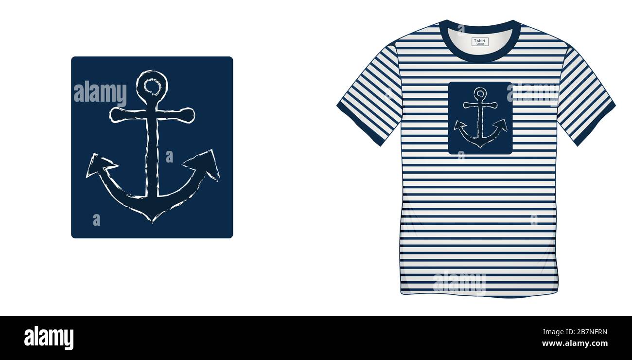 Druck auf T-Shirt Grafikdesign, Anker-Symbol kreidig, Matrosen Streifen Hintergrund leer Stockfoto