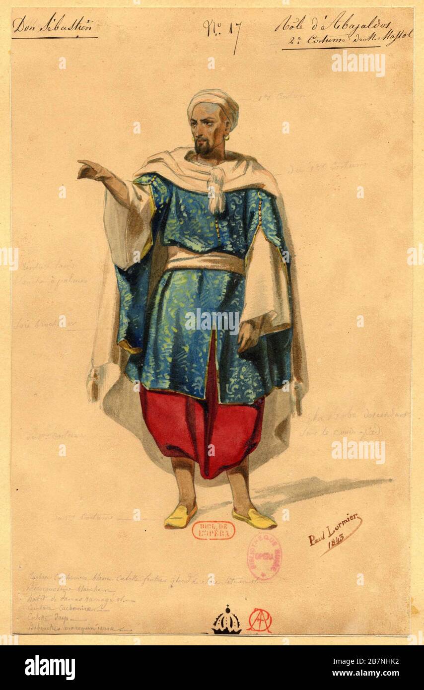 Abayaldos. Kostümdesign für die Oper "Dom S&#xe9;bastien, Roi de Portugal" von Gaetano Donizetti, 1843. Gefunden in der Sammlung von Biblioth&#xe8;que Nationale de France. Stockfoto