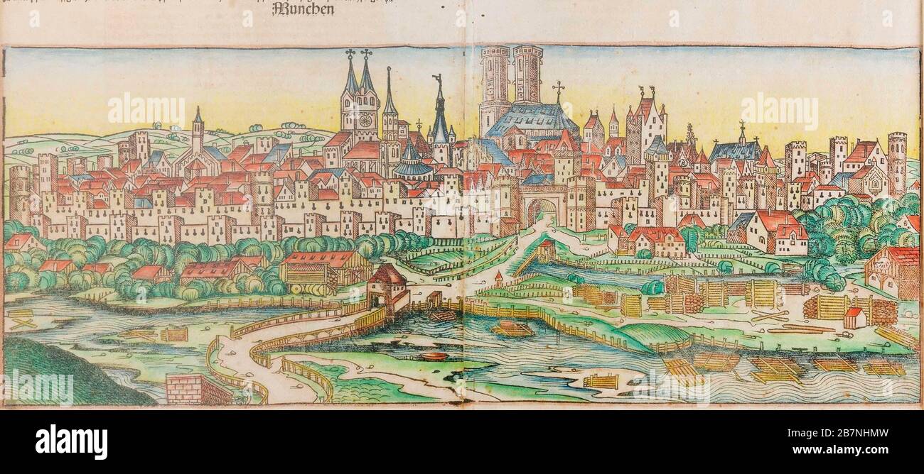 Blick auf die Stadt München (aus der Chronik der Welt von Schedel), 1493. Private Sammlung. Stockfoto