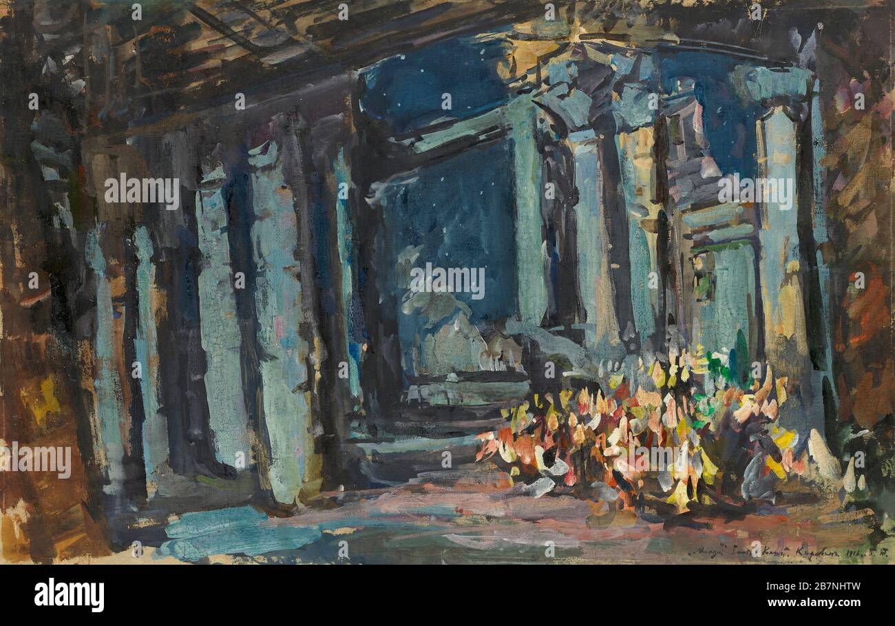 Kleopatras Palast, Ägyptische Halle. Bühnenbild für das Opernballett Mlada von N. Rimsky-Korsakow, 1916. Private Sammlung. Stockfoto