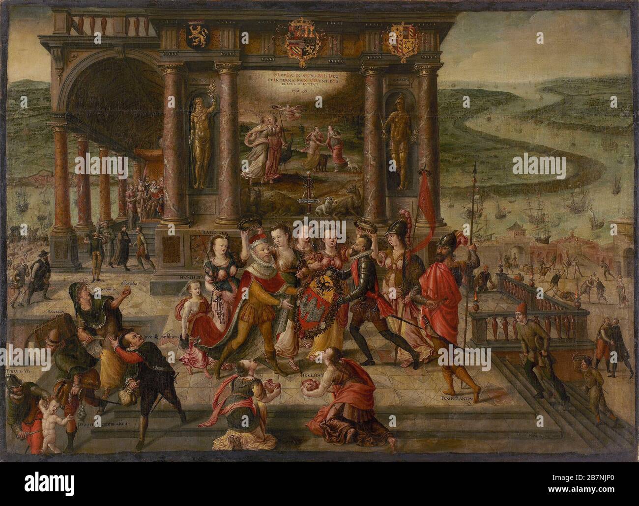 Allegorie auf den Sturz von Antwerpen am 17. August 1585, 1585-1586. Gefunden in der Sammlung des Museums aan de Stroom. Stockfoto