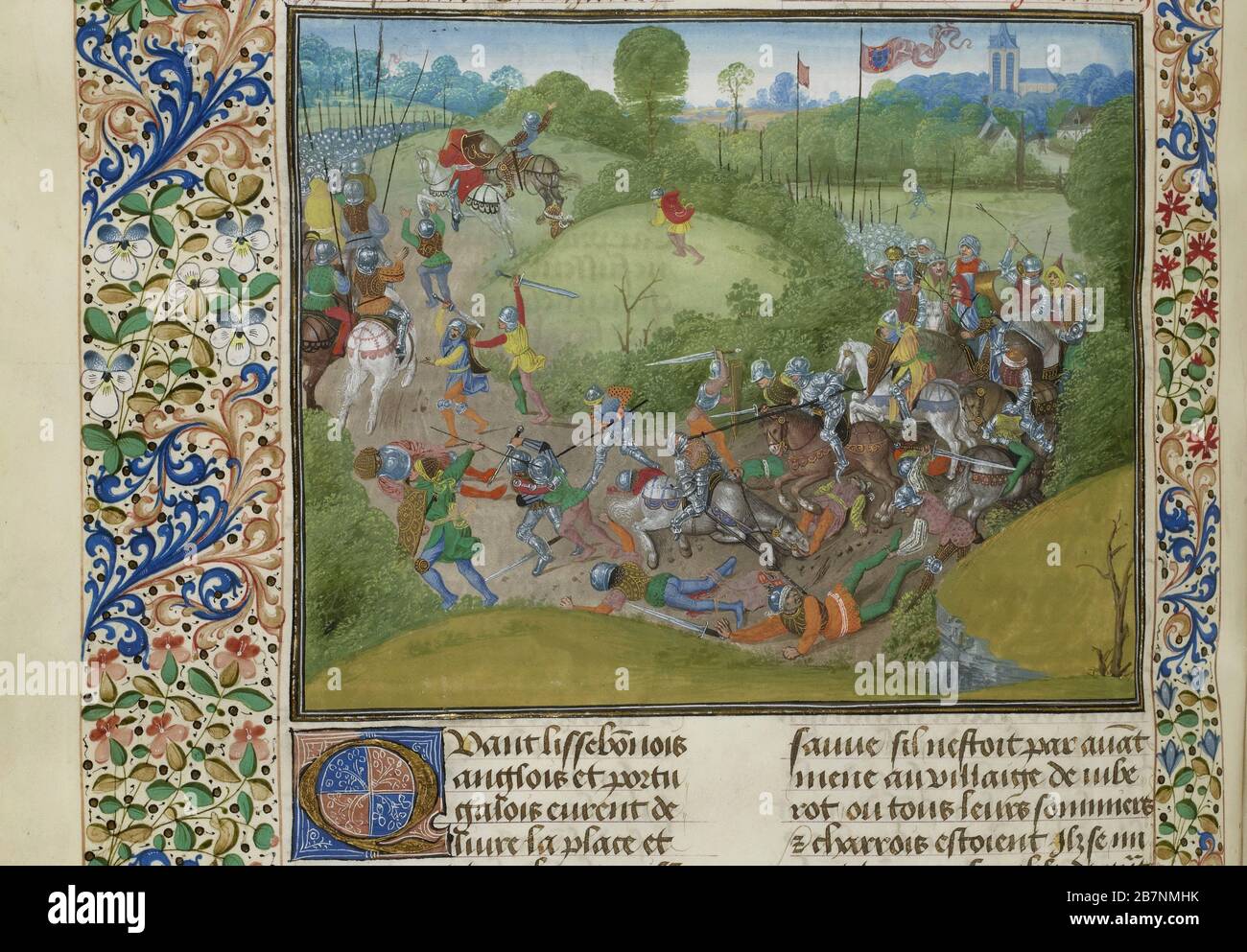 Die Schlacht von Aljubarrota am 14. August 1385 (Miniatur aus den Grandes Chroniques de France von Jean Froissart), ca. 1470-1475. Gefunden in der Sammlung von Biblioth&#xe8;que Nationale de France. Stockfoto