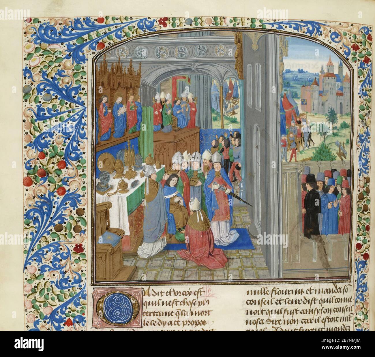 Krönung von Karl III. Von Navarra in Pamplona (Miniatur aus den Grandes Chroniques de France von Jean Froissart), ca. 1470-1475. Gefunden in der Sammlung von Bibliothèque Nationale de France. Stockfoto