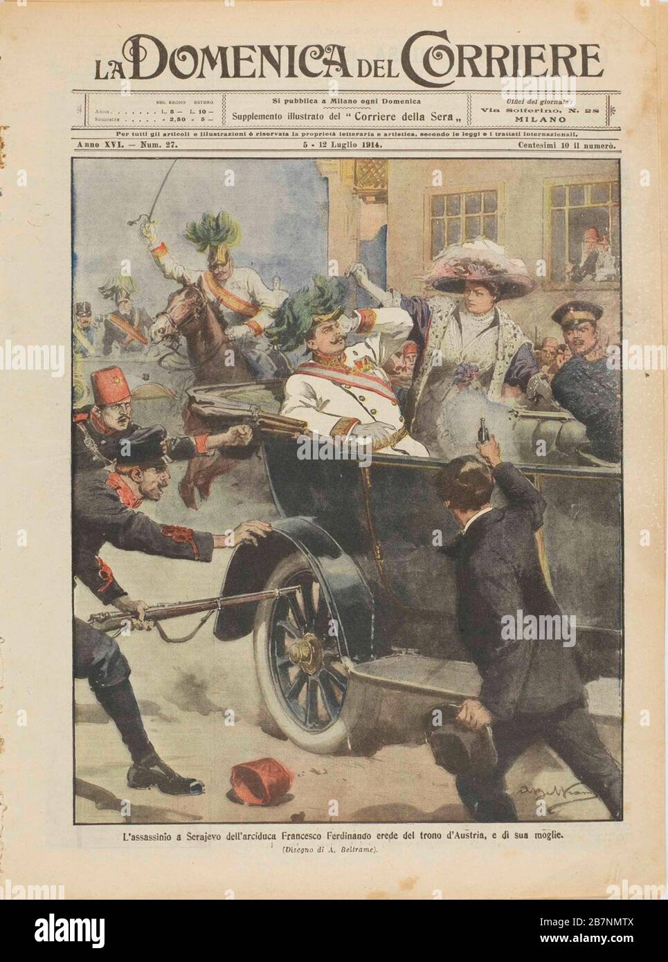 Die Ermordung von Erzherzöge Franz Ferdinand von Österreich und seiner Frau in Sarajevo am 28. Juni 1914. (Von La Domenica del Corrier, 1914. Private Sammlung. Stockfoto