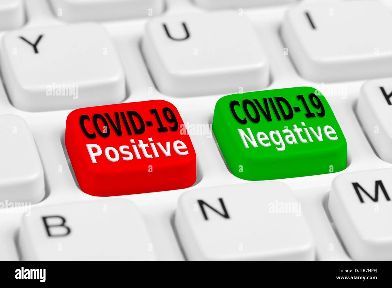 Schaltflächen für Testergebnisse für positives oder negatives Ergebnis zum medizinischen Test der Coronavirus COVID-19 (Corona-Virus COVID19) Virusinfektion. COVID 19-Test Stockfoto