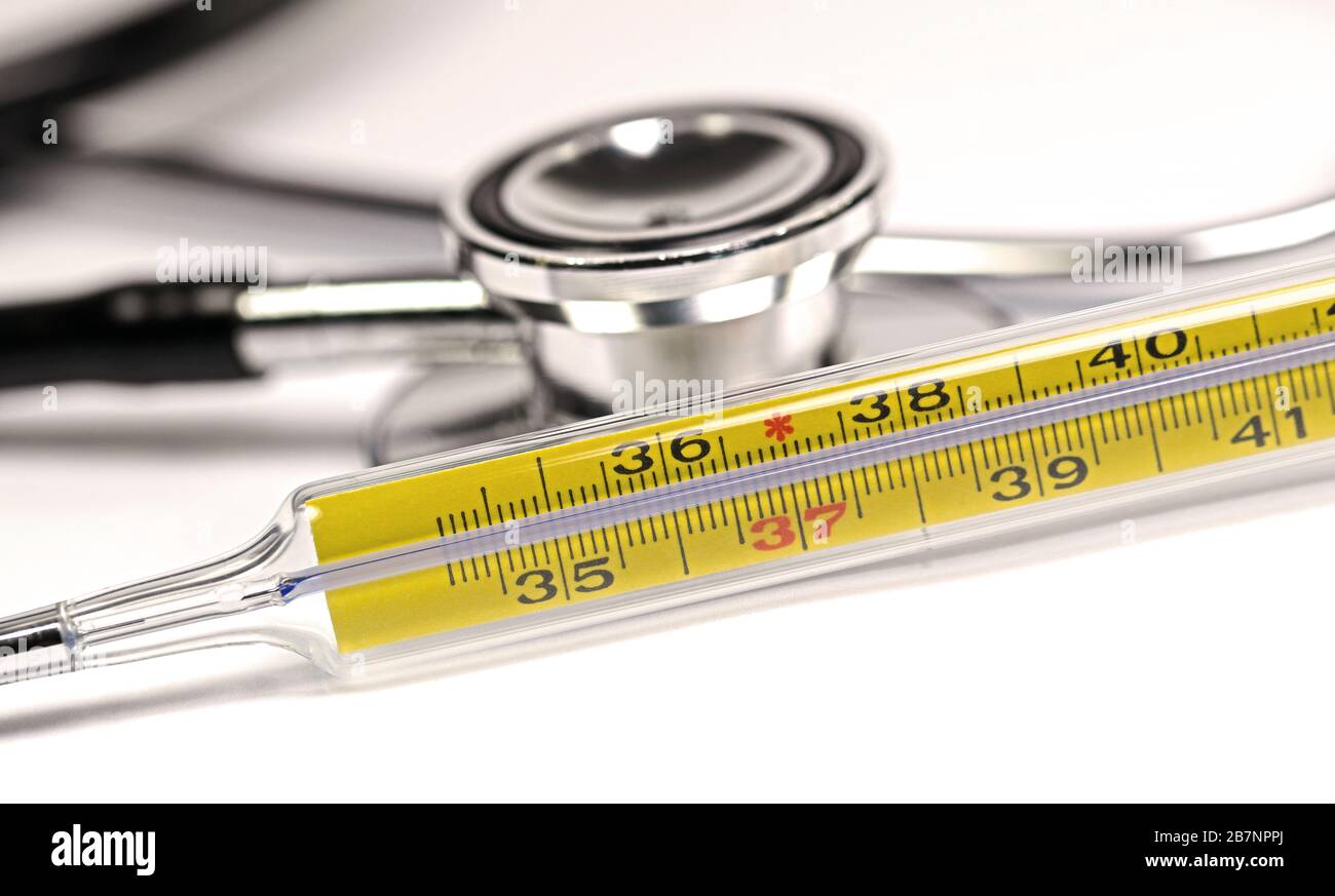Klinisches Thermometer und Stethoskop vor weißem Hintergrund Stockfoto