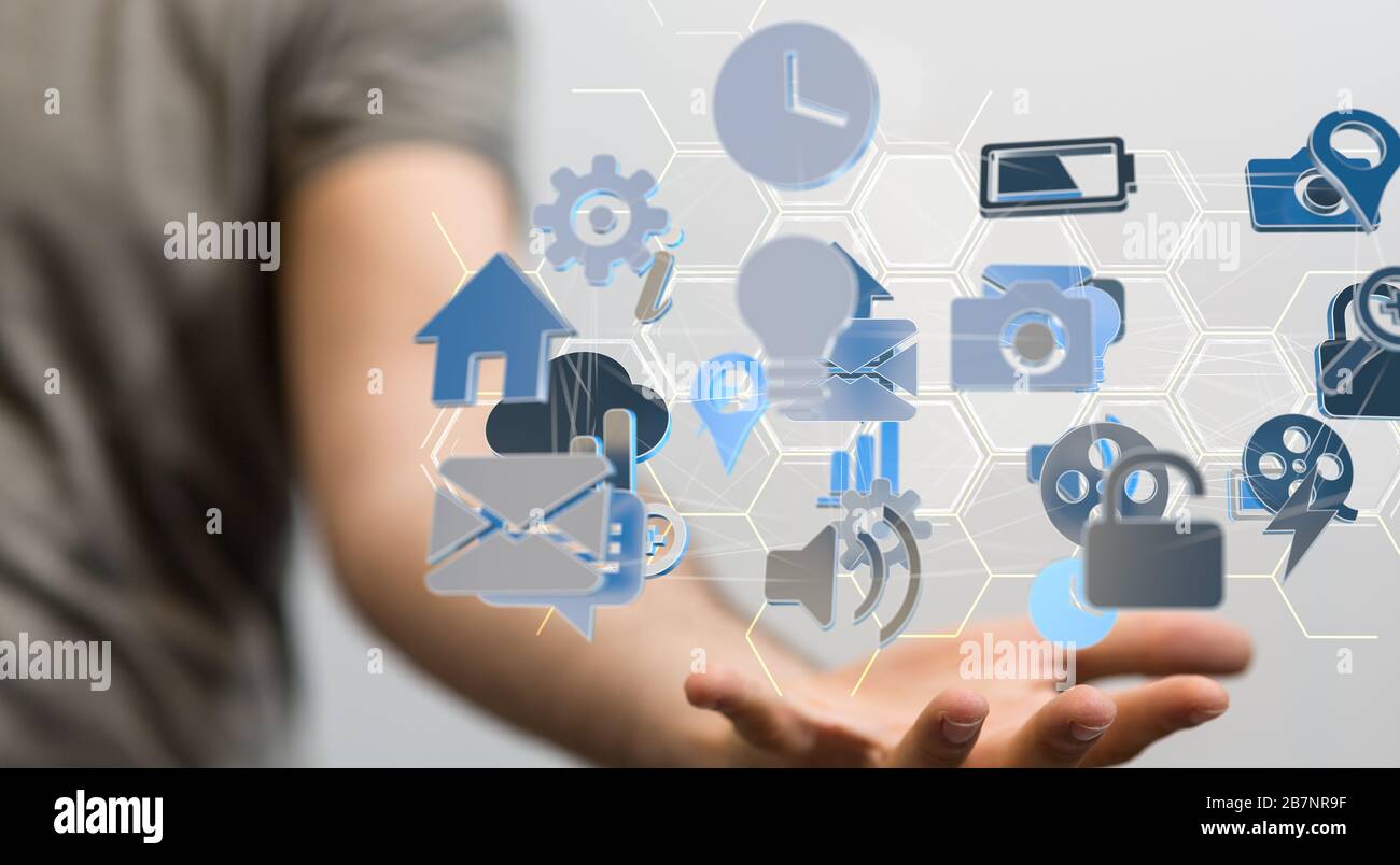 Mann, der die Web-Medien-Symbole hält Stockfoto