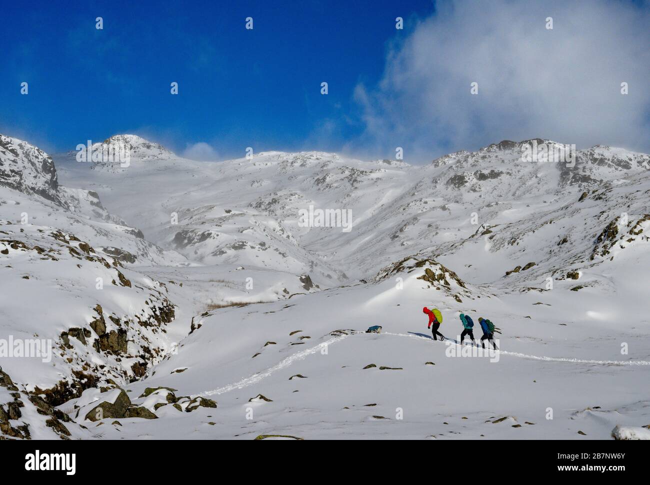 Wanderer, die durch den Schnee unterhalb der Langdale Pikes und Sergeant man in Langdale, Lake District National Park, Cumbria wandern Stockfoto