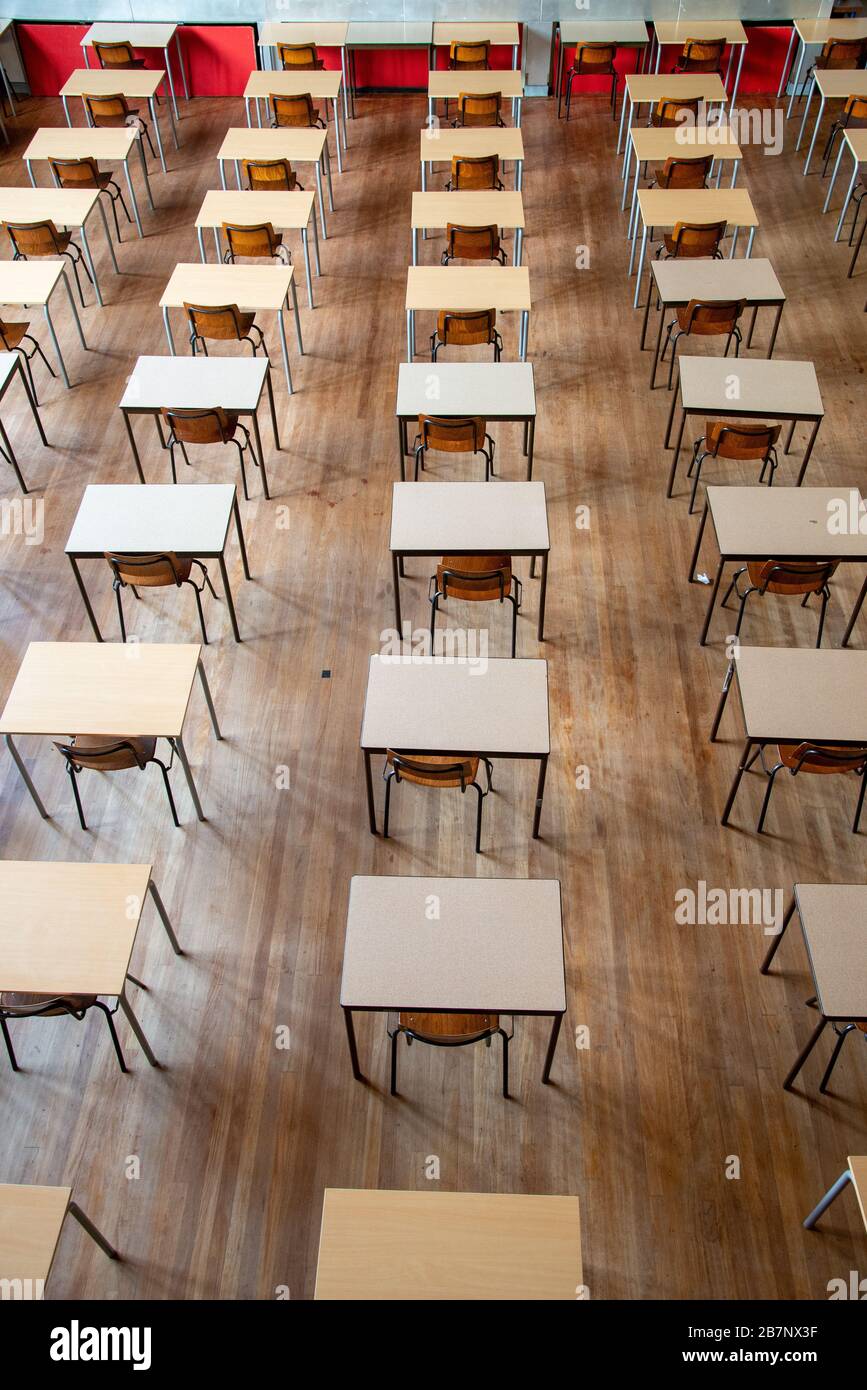 Reihen leerer Stühle und Tische im Prüfungsraum an der Highschool Stockfoto