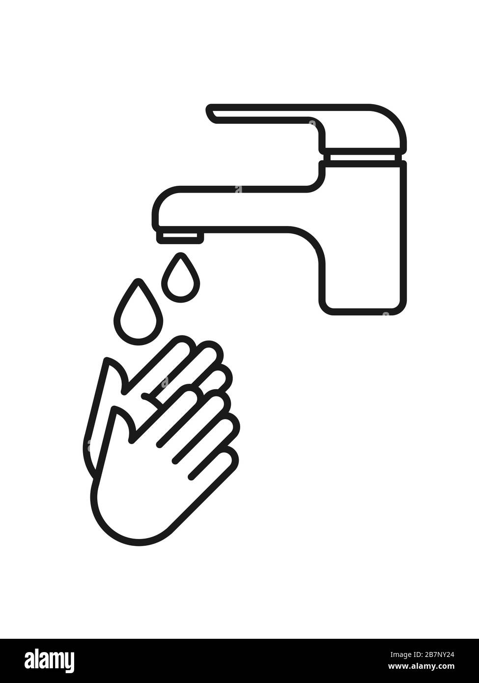 Händewaschen. Hände unter fließendem Wasser waschen. Umrisssymbol. Prävention gegen Viren, Bakterien, Grippe, Coronavirus. Konzept der Hygiene. Stock Vektor