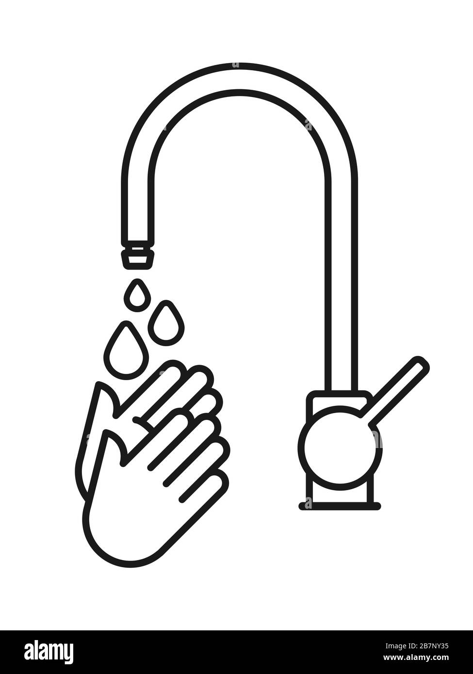 Händewaschen. Hände unter fließendem Wasser waschen. Umrisssymbol. Prävention gegen Viren, Bakterien, Grippe, Coronavirus. Konzept der Hygiene, Sauberkeit. Stock Vektor
