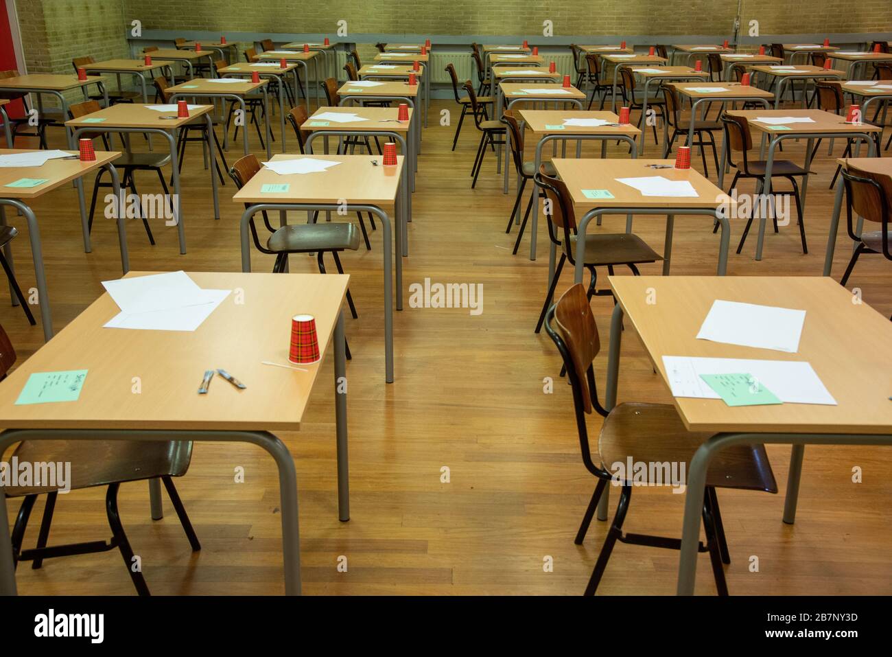 Reihen leerer Stühle und Tische im Prüfungsraum an der Highschool Stockfoto